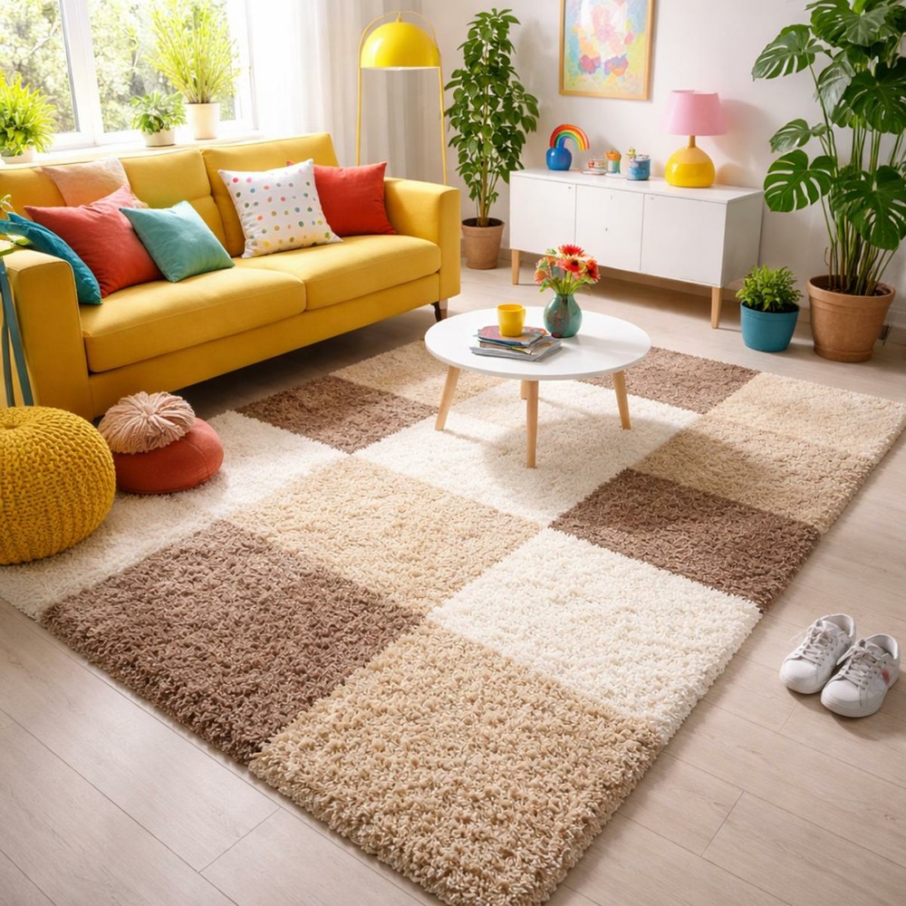 Tapis poils longs shaggy 80x250 rectangle tissé beige et marron motif damier