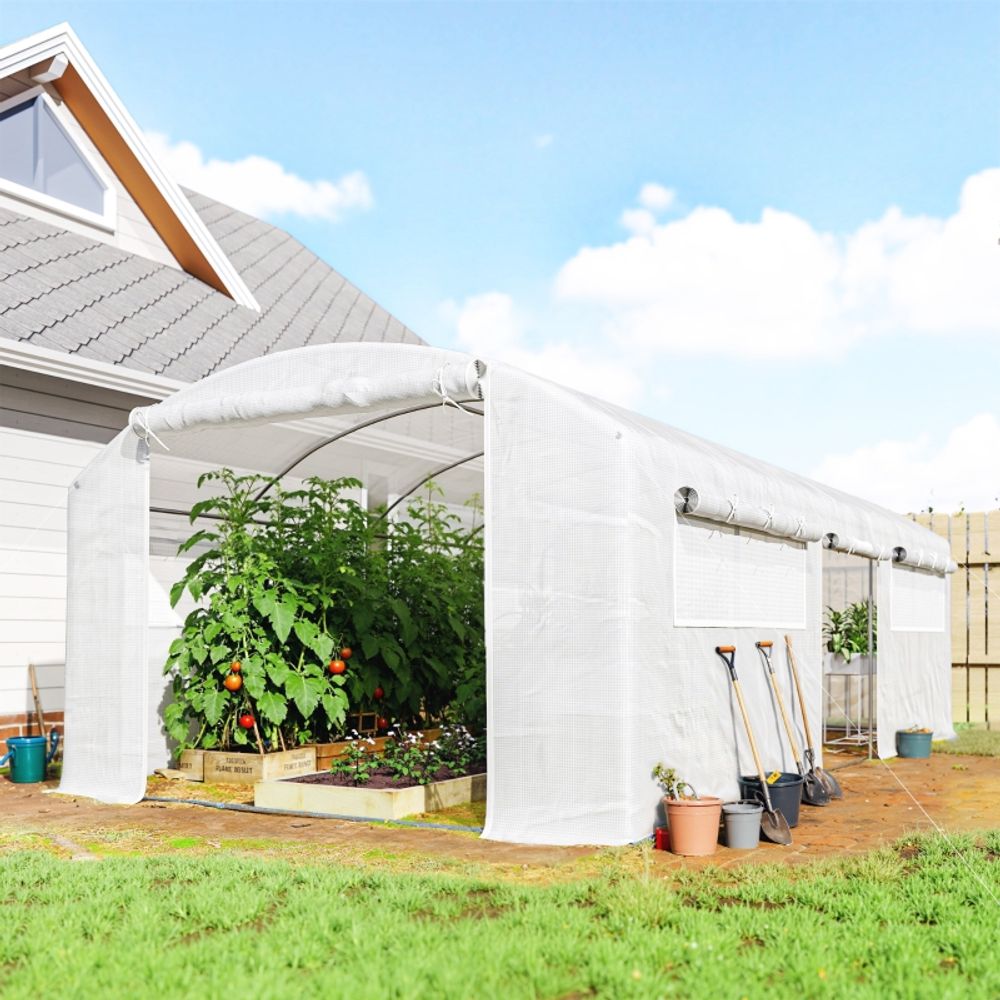 Serre tunnel pe renforcé 5,94 x 3 x 2 m blanche jardin 3 portes 6 fenêtres ventilées - comfortxl outdoor living