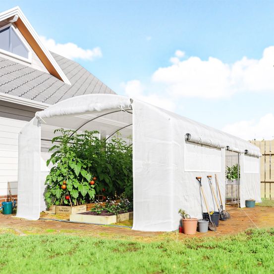 Serre tunnel pe renforcé 5,94 x 3 x 2 m blanche jardin 3 portes 6 fenêtres ventilées - comfortxl outdoor living