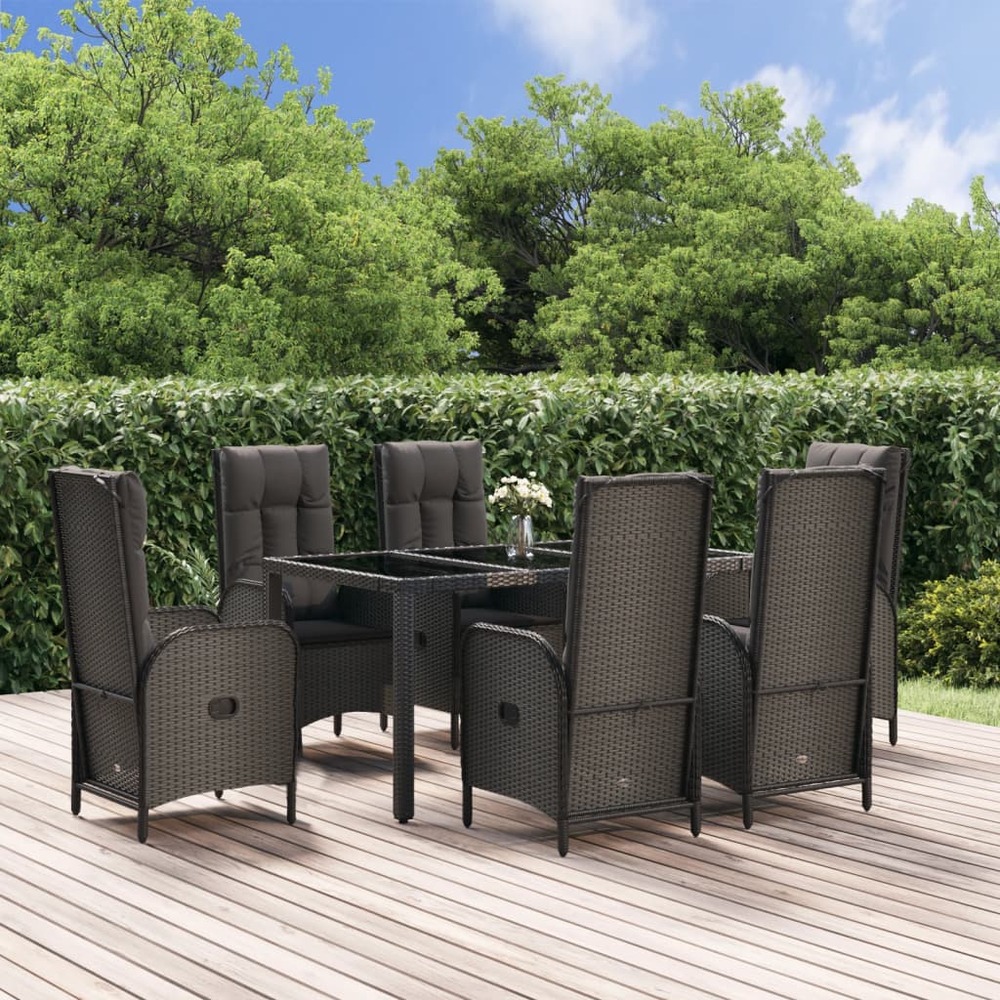 Ensemble à manger jardin et coussins 7 pcs noir et gris rotin