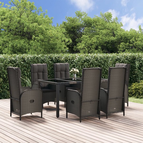 Ensemble à manger jardin et coussins 7 pcs noir et gris rotin