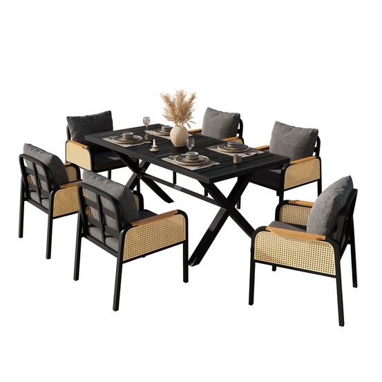 Canapé extérieur moderne pour groupe : cadre en fer, accoudoirs tressés, coussins inclus, parfait pour réunions