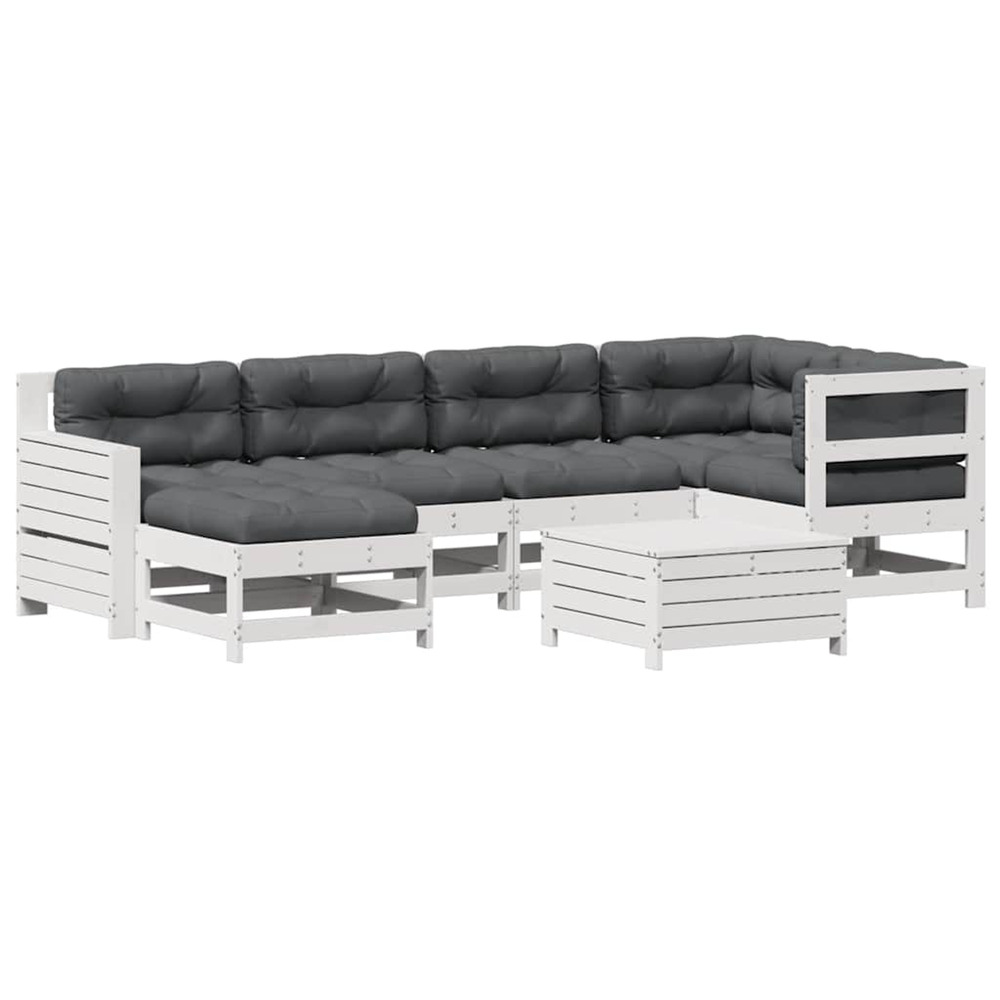 Salon de jardin 7 pcs avec coussins blanc bois de pin massif