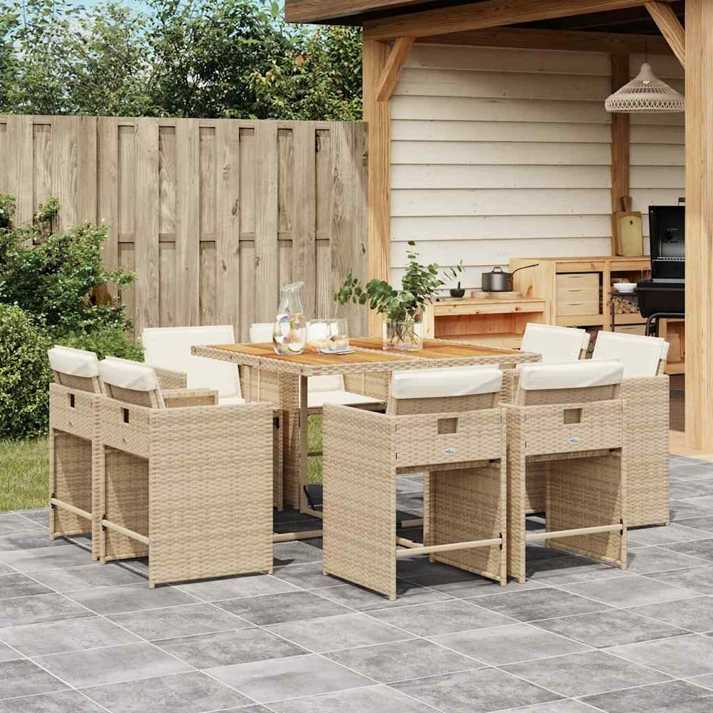 Ensemble à manger de jardin et coussins 9 pcs beige poly rotin