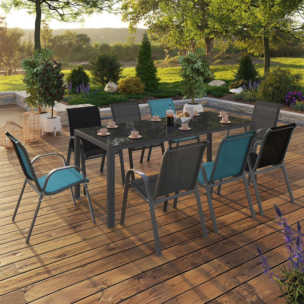 Salon de jardin madrid table 190 cm et 8 chaises empilables mix color bleu, gris et noir
