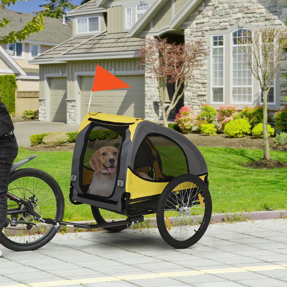 Remorque chien vélo polyester balade aérée réflecteurs sécurité jaune 140x71cm