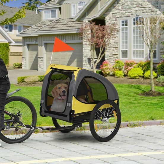 Remorque chien vélo polyester balade aérée réflecteurs sécurité jaune 140x71cm