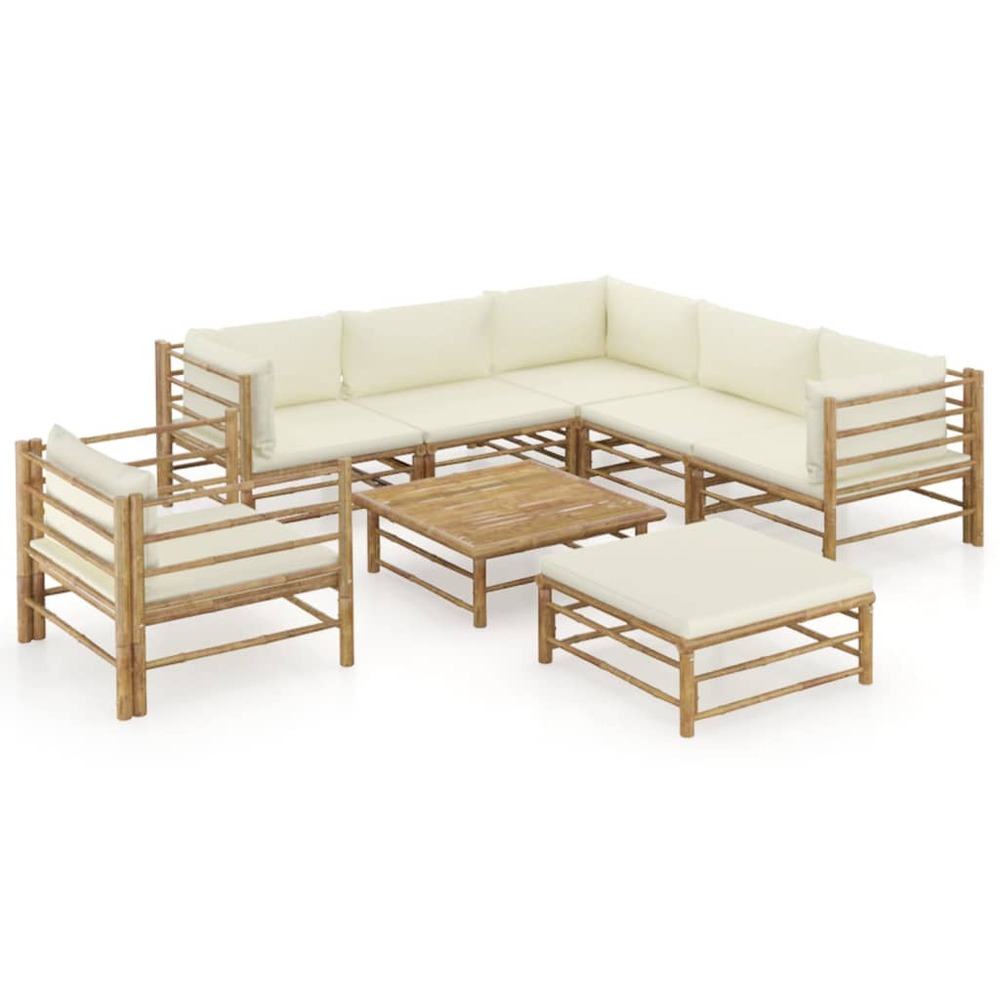 Salon de jardin meuble d'extérieur ensemble de mobilier 8 pièces avec coussins blanc crème bambou
