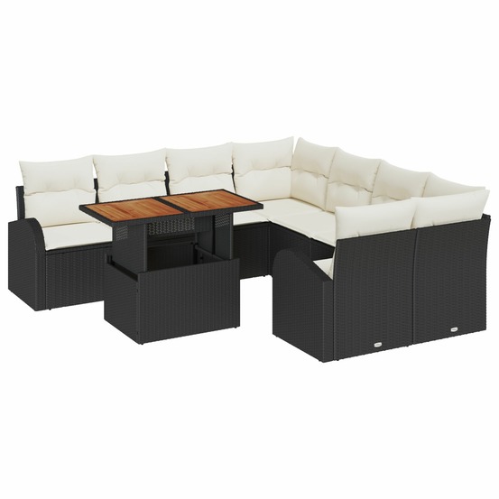 Ensemble de salle à manger de jardin en 9 pièces avec coussins noir poly rattan acacia