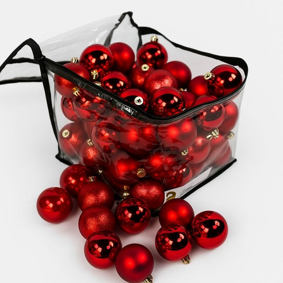 Lot de 60 boules de noël 6cm rouges (15 brillantes,15 mates,15 texturées,15 opalines) avec sac de rangement