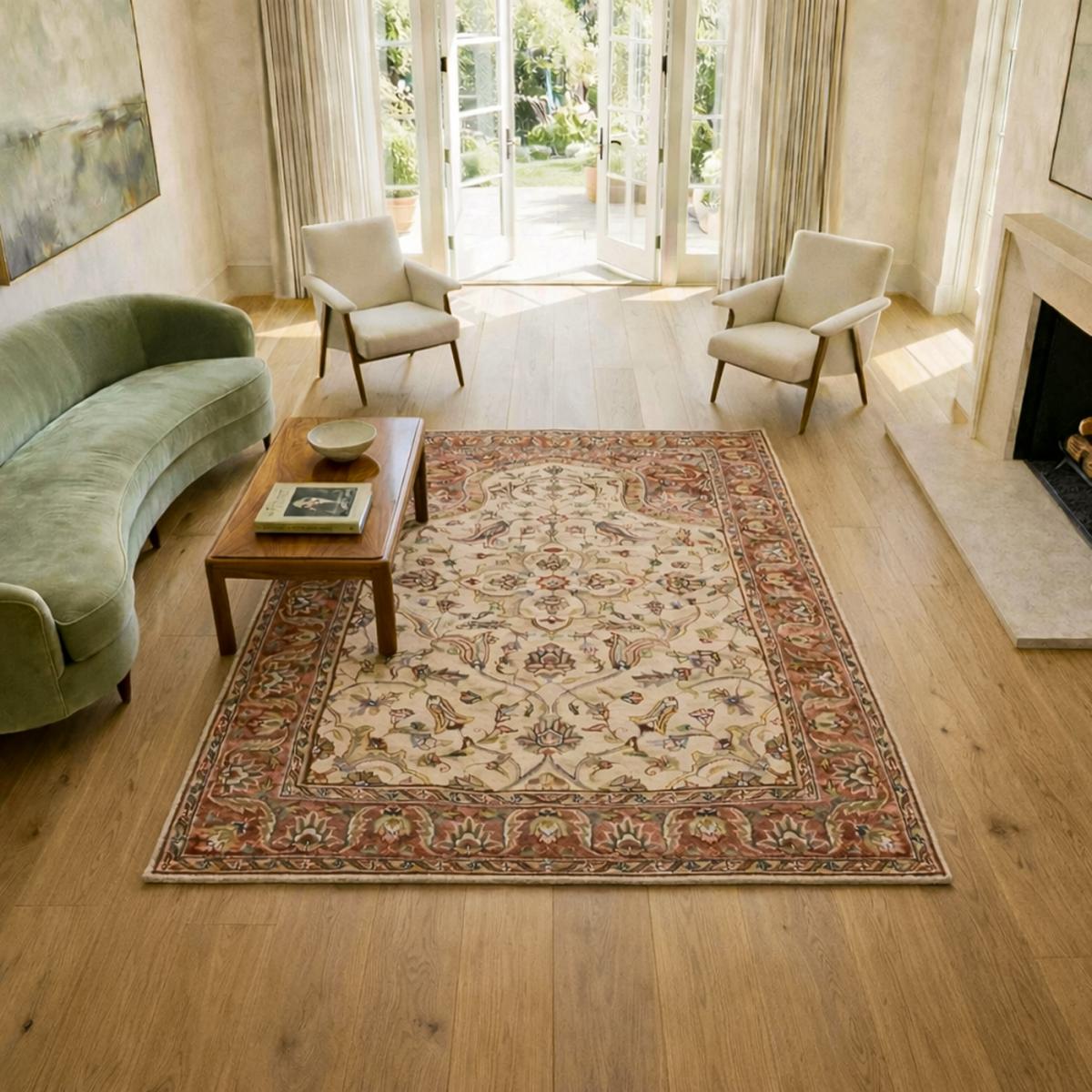 Authentique tapis d'orient 125x180 fait main en soie beige jihangir 65