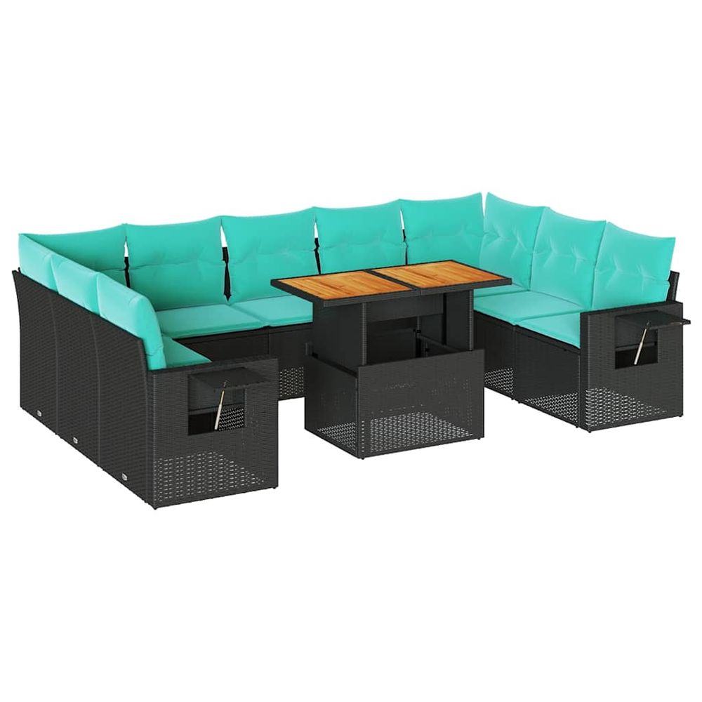 Salon de jardin 10 pcs avec coussins noir résine tressée