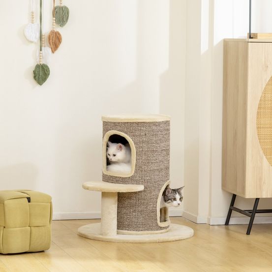 Arbre à chat tonneau 2 niveaux avec plateforme d'observation et griffoir sisal beige – comfortxl outdoor living