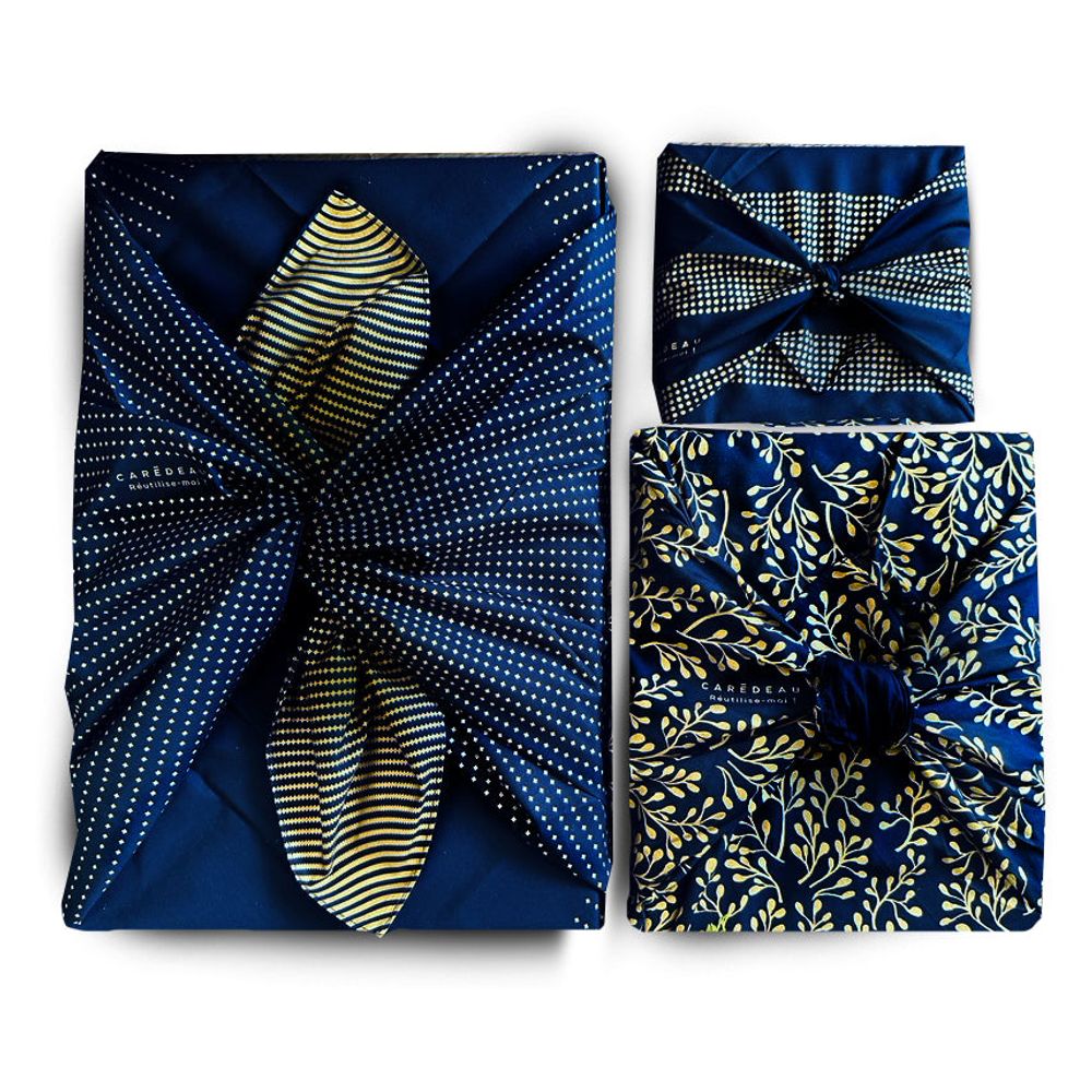 Emballage réutilisable furoshiki pack famille 3-en-1 coton : extraordinaire bleu nuit