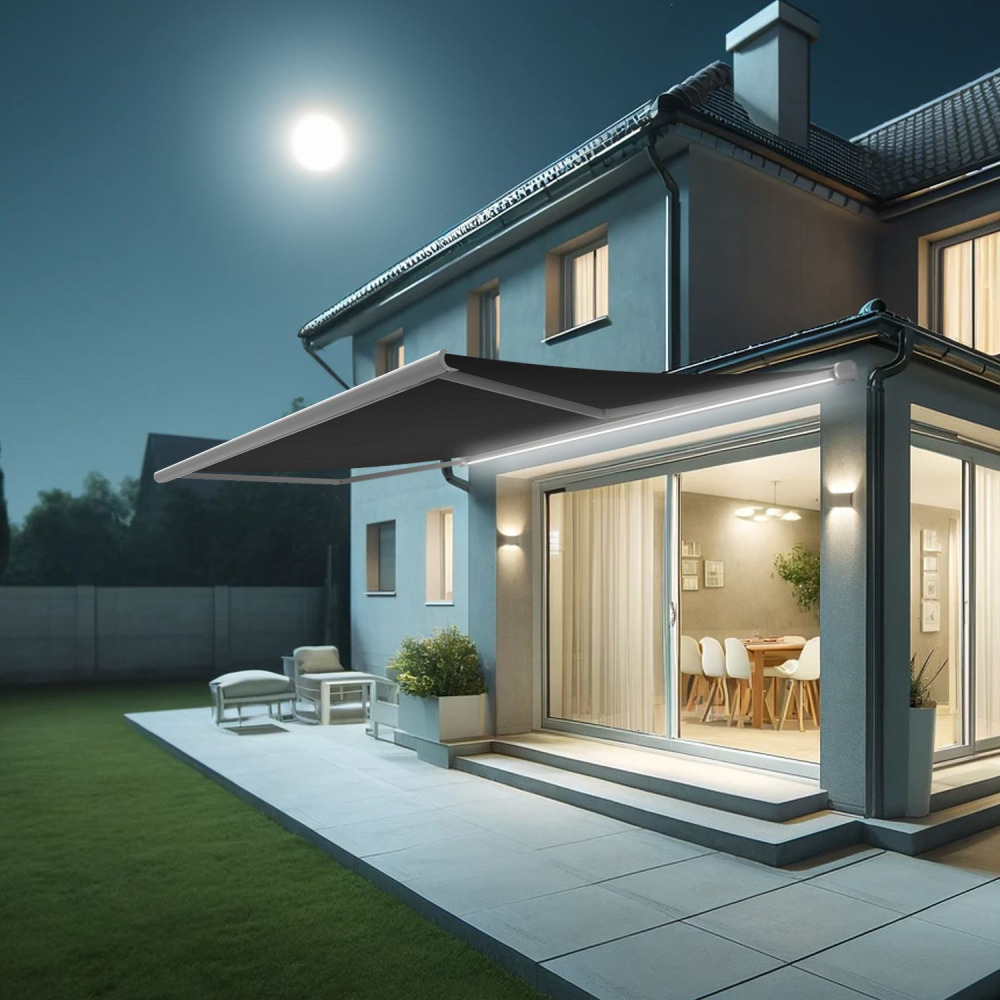 Store banne coffre intégral hevoa 5,00x3,50 m (motorisé secours à télécommande + led - blanc satiné ral9010 - gris graphite)