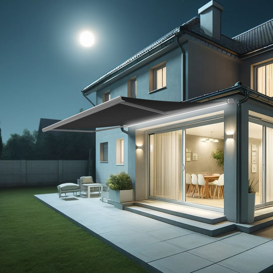 Store banne coffre intégral hevoa 5,00x3,50 m (motorisé secours à télécommande + led - blanc satiné ral9010 - gris graphite)