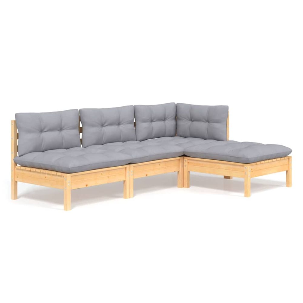 Salon de jardin 4 pcs avec coussins gris bois de pin
