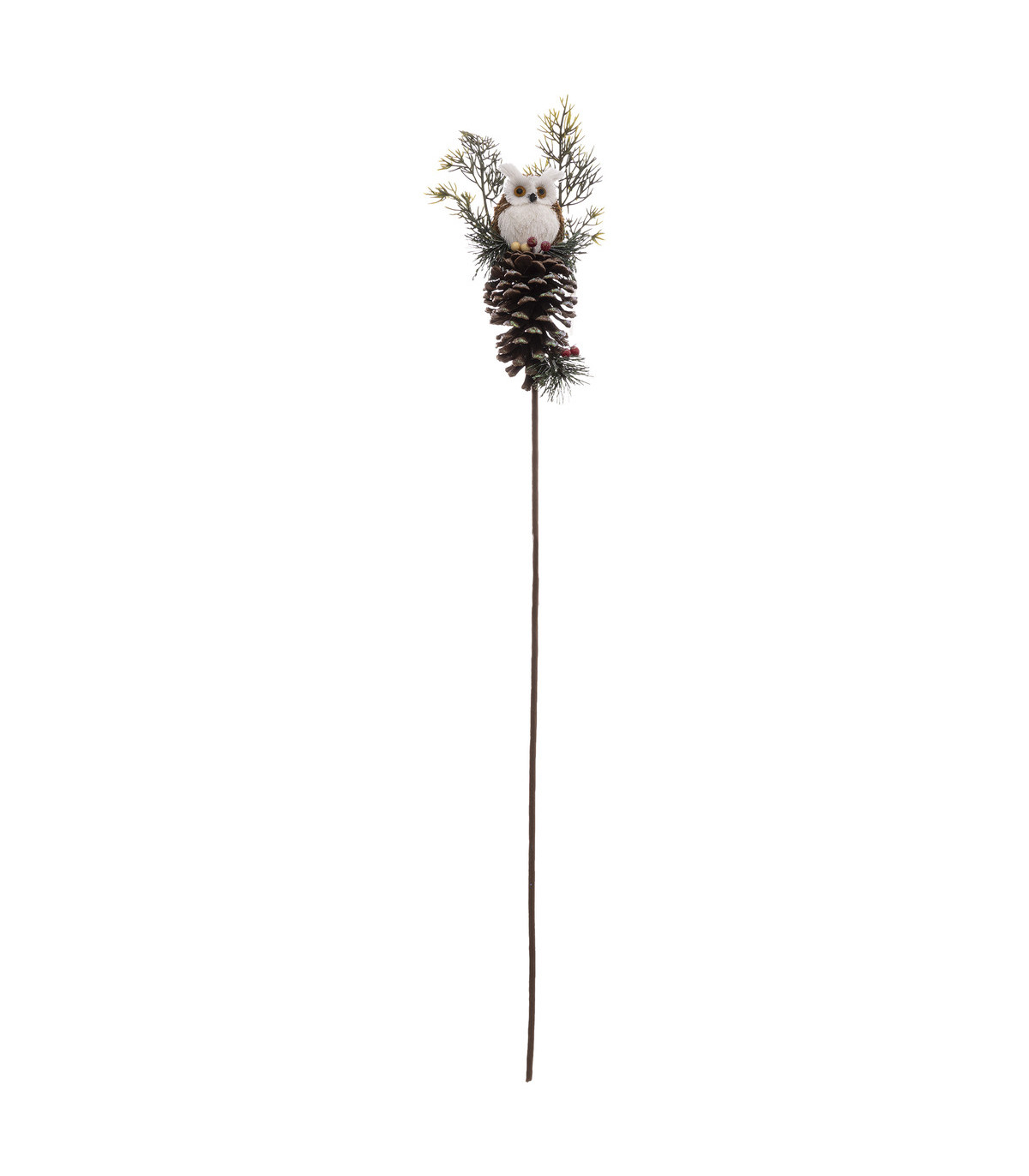 Branche décorative spéciale fêtes hibou sur une pomme de pin h 75 cm