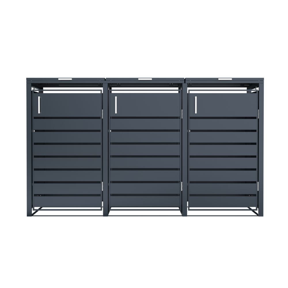 Abri poubelles 3 portes gris – toit plat – structure renforcée en acier galvanisé