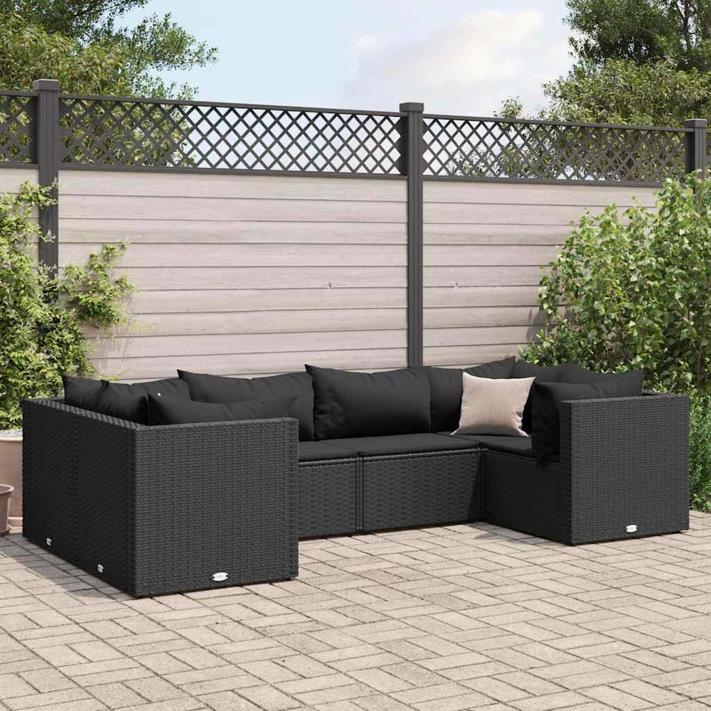 Salon de jardin 6 pcs avec coussins noir résine tressée