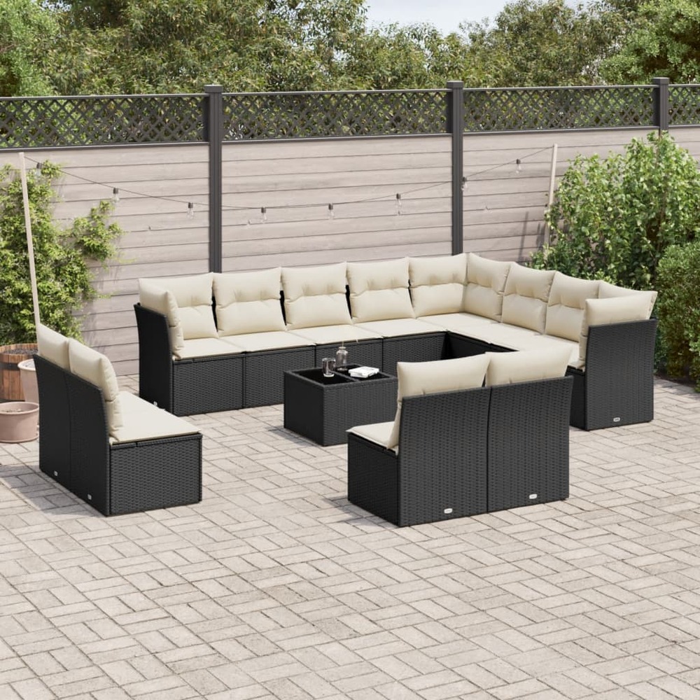 Salon de jardin avec coussins 13 pcs noir résine tressée