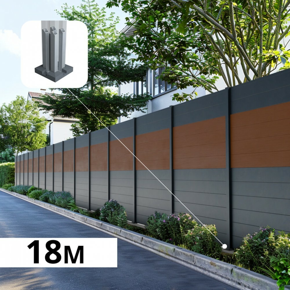 Kit clôture aluminium bahia & cruz teck 18,33x1,8m - aluminium et bois composite - poteaux sur platines gris - occultation