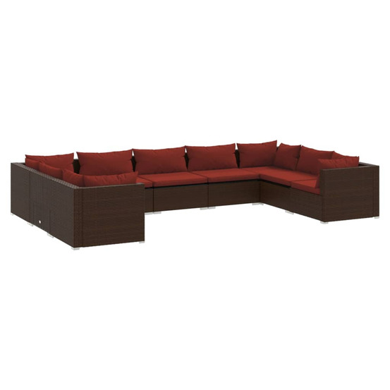 Salon de jardin 9 pcs avec coussins résine tressée marron