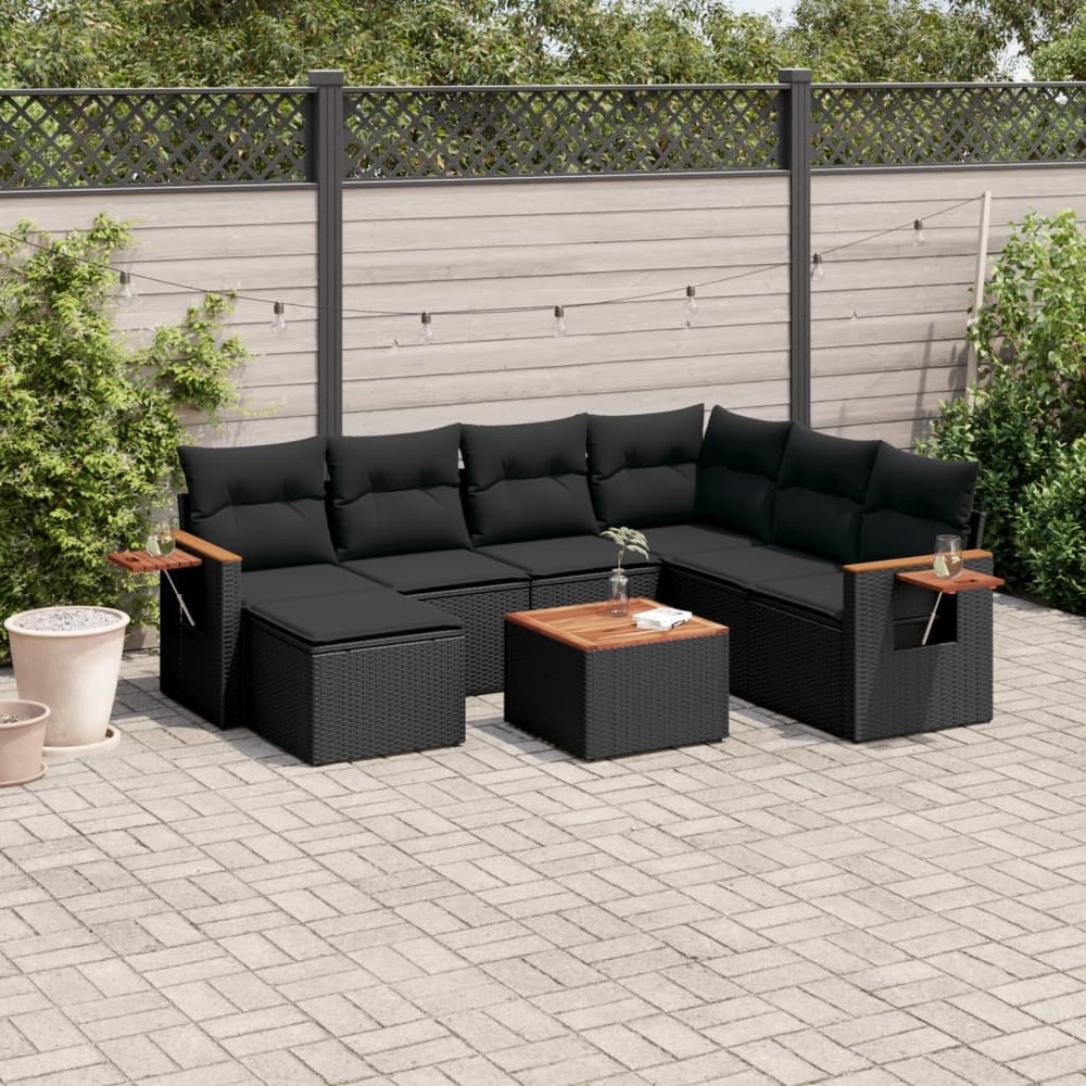 Salon de jardin 8 pcs avec coussins noir résine tressée