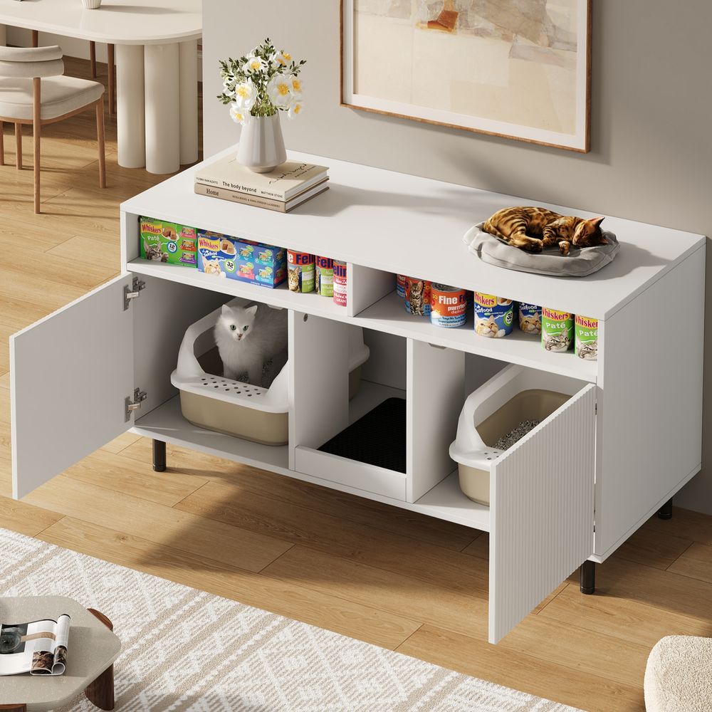 Meuble litière chat bois mdf pour intérieur rangement multi-usage 120x50x66cm blanc