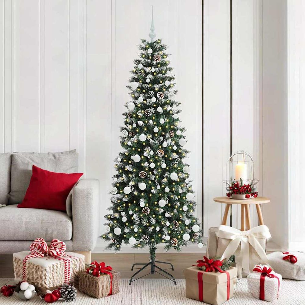 Arbre de noël artificiel 180 cm effet neige, lumineux 300 led et 120 boules incluses