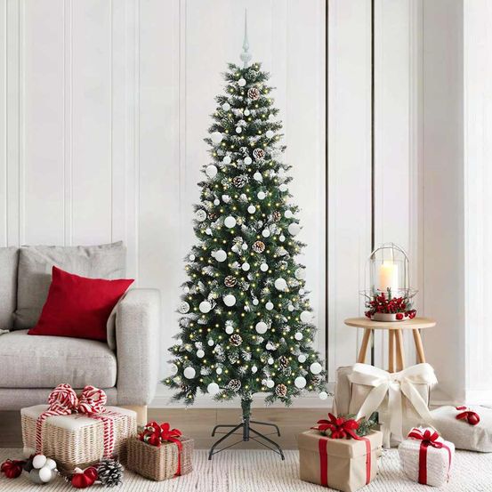 Arbre de noël artificiel 180 cm effet neige, lumineux 300 led et 120 boules incluses