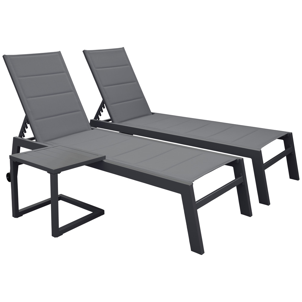 Set 2 transats et table d'appoint barbados textilène et aluminium gris