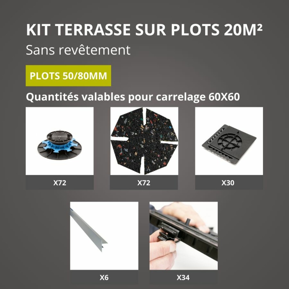 Kit terrasse sur plots sans revêtement 20m² - finition gris aluminium - 50/80 mm - jouplast