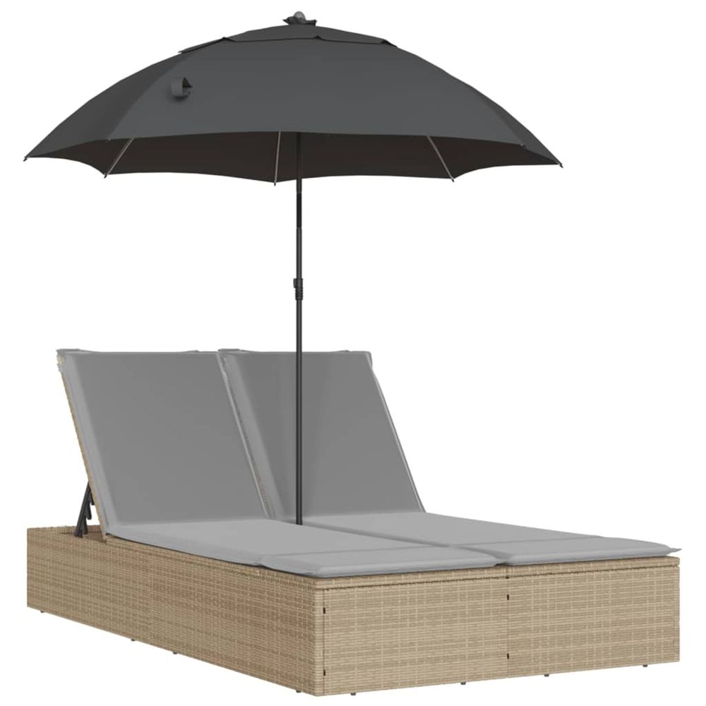 Chaise longue double avec coussins et parasol beige poly rotin bain de soleil