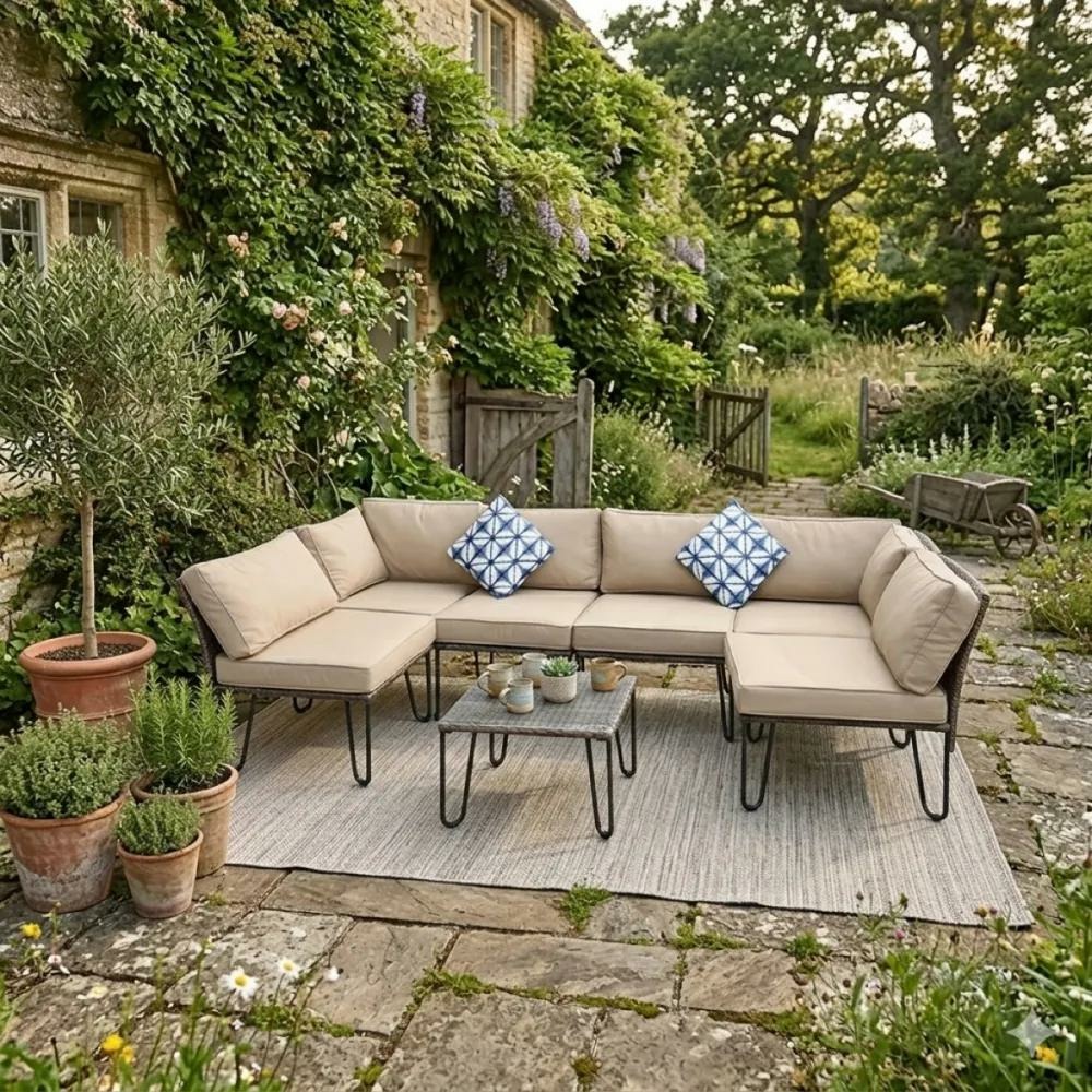 Ensemble family - canapé d'angle modulable 3 places + table basse en acier et polyester
