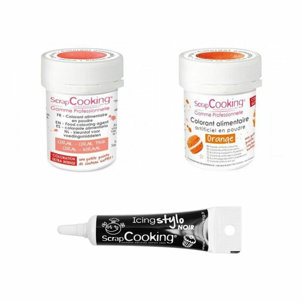 2 colorants alimentaires corail-orange + stylo glaçage noir
