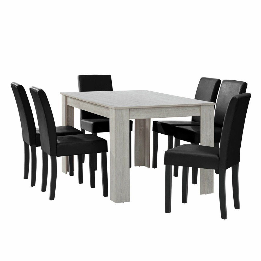 Table à manger chêne blanc avec 6 chaises noir cuir-synthétique rembourré 140x90 cm