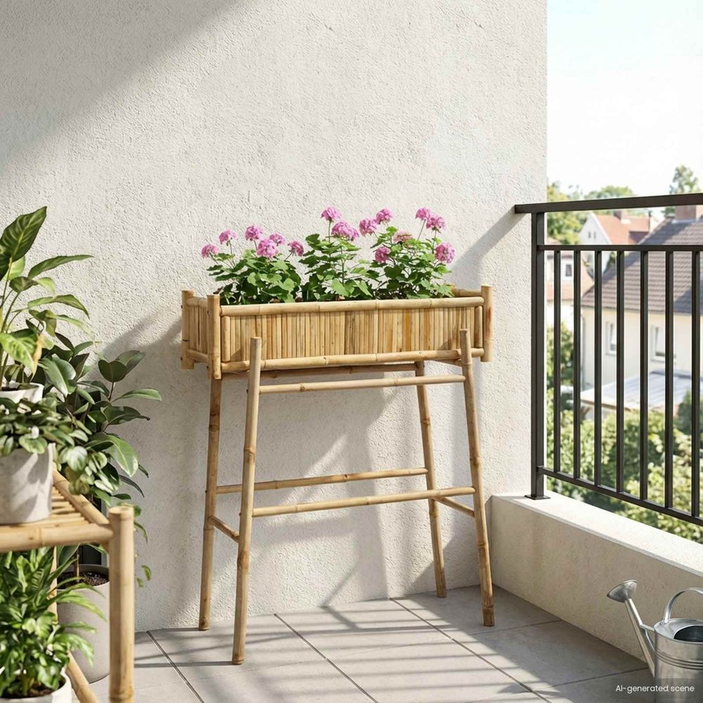 Grande jardinière haute sur pieds bambou naturel pour jardin terrasse 114cm
