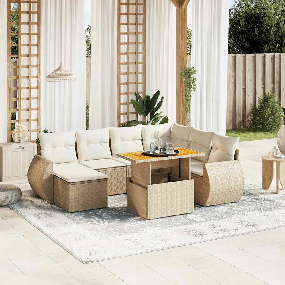 Salon de jardin avec coussins 8 pcs beige résine tressée
