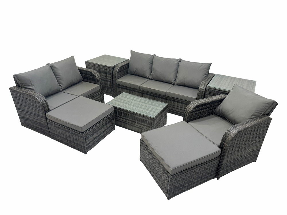 Ensemble de meubles de jardin en polyrotin 8 pièces avec table basse canapé d'amour 2 grand tabourets 2 tables d'appoint