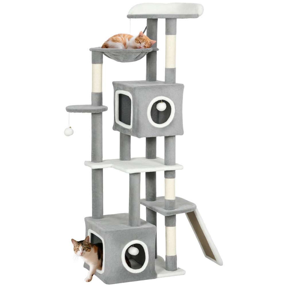 Grand arbre à chat 165 cm centre d'activités avec 2 niches hamac et échelle pour chats gris