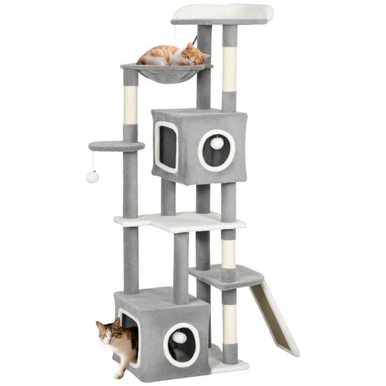 Grand arbre à chat 165 cm centre d'activités avec 2 niches hamac et échelle pour chats gris