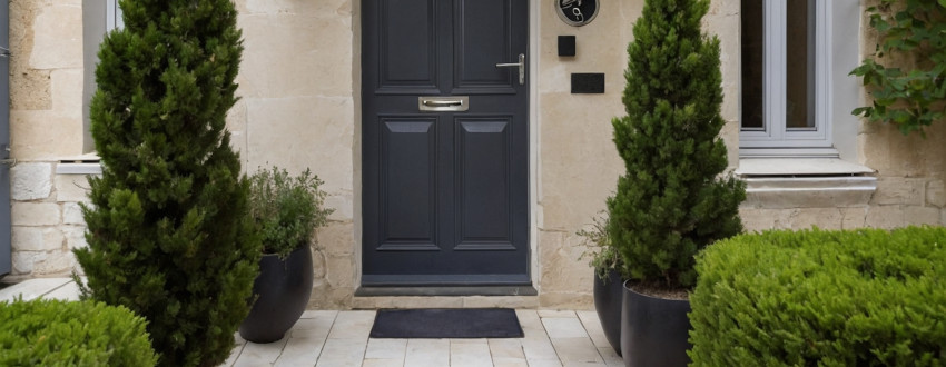 Entée extérieur d'une maison aménagée avec des pots de plantes et des bordures en gravier