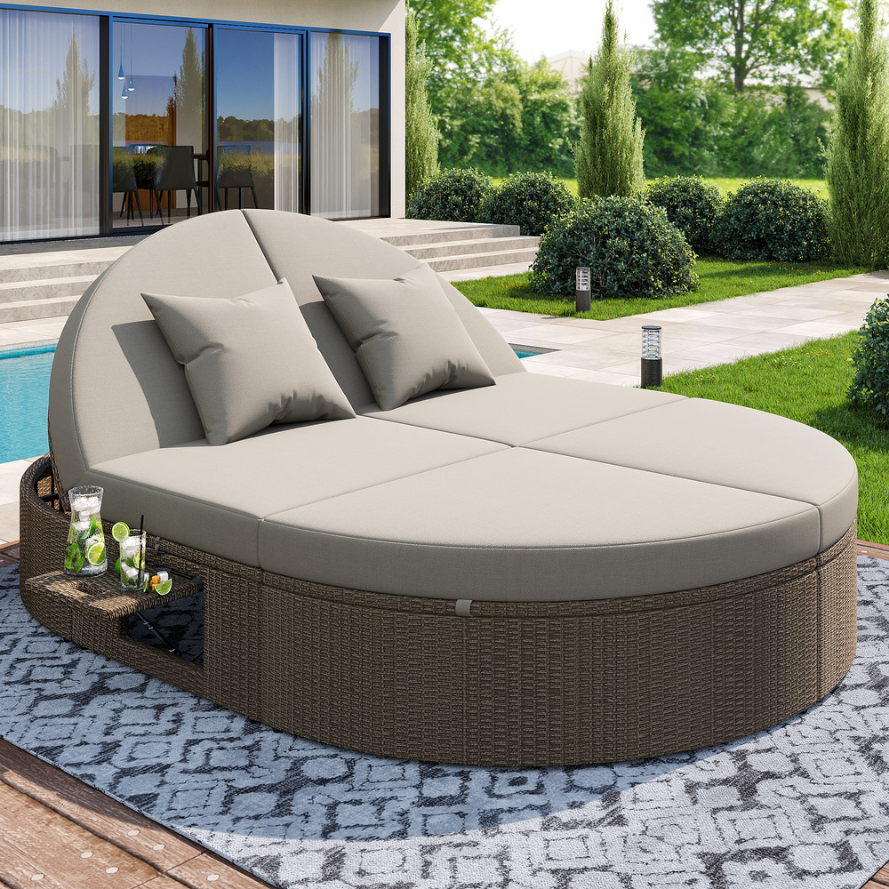Transat double, transat de jardin pour 2 personnes, avec tablette latérale et table pliante, en rotin, gris