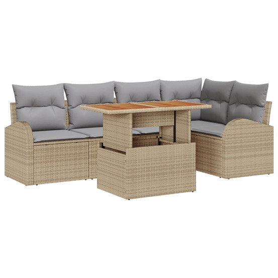 Ensemble salle à manger jardin 6 pièces avec coussins beige poly rattan acacia