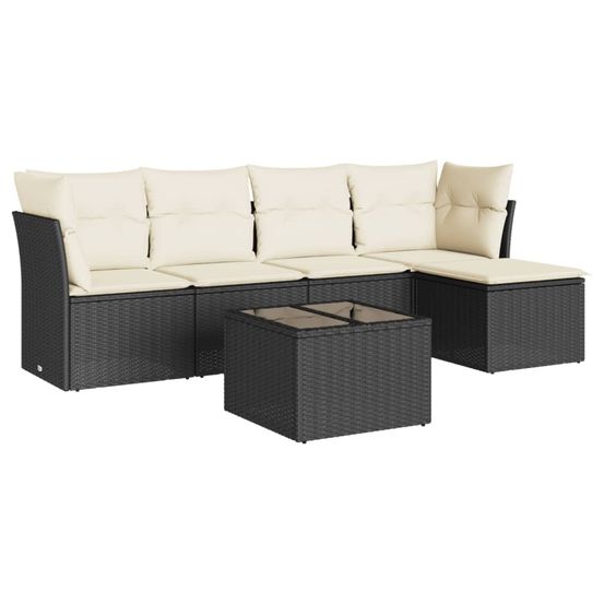 Salon de jardin 6 pcs avec coussins noir résine tressée