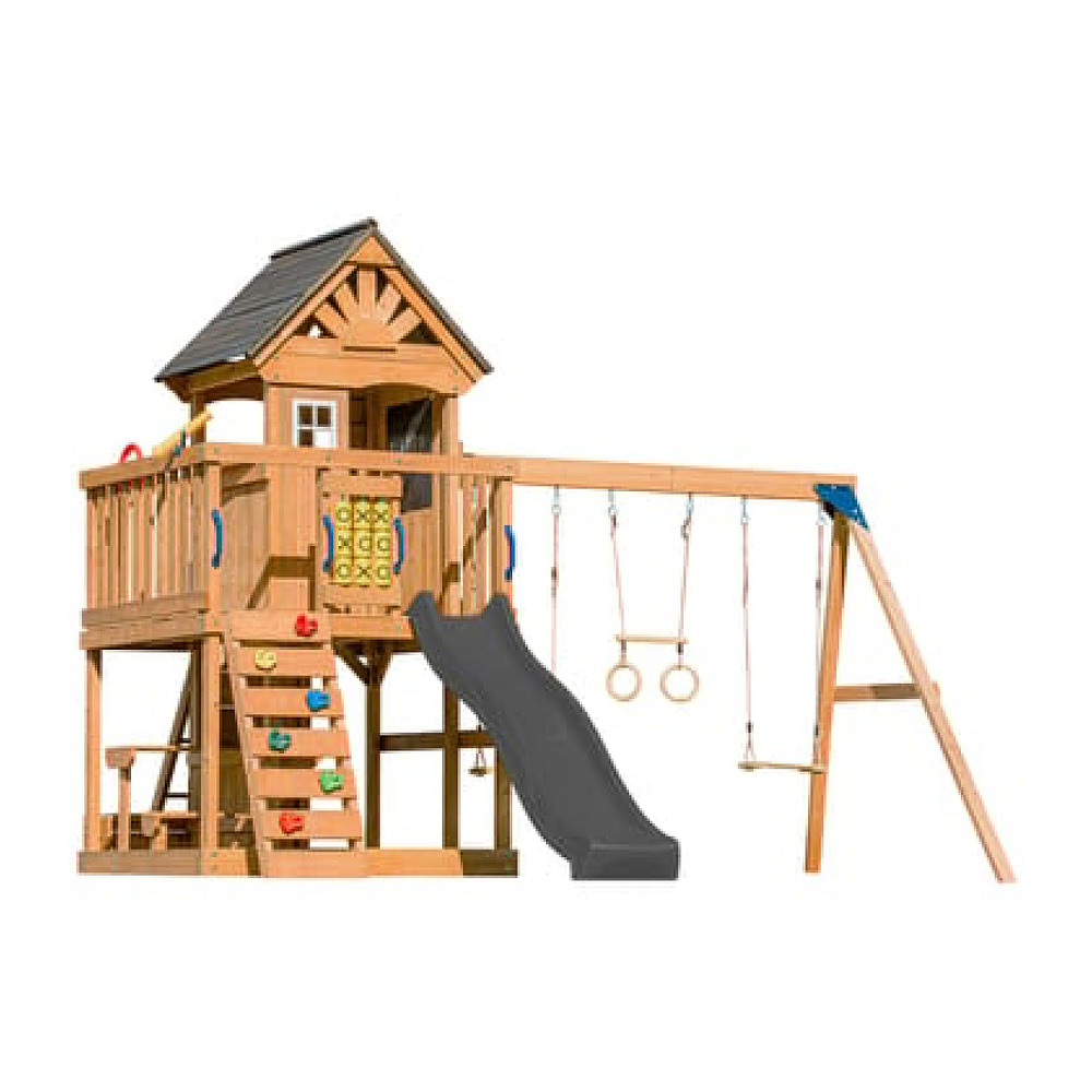 Tour jack plateforme 2 balançoires table toboggan gris