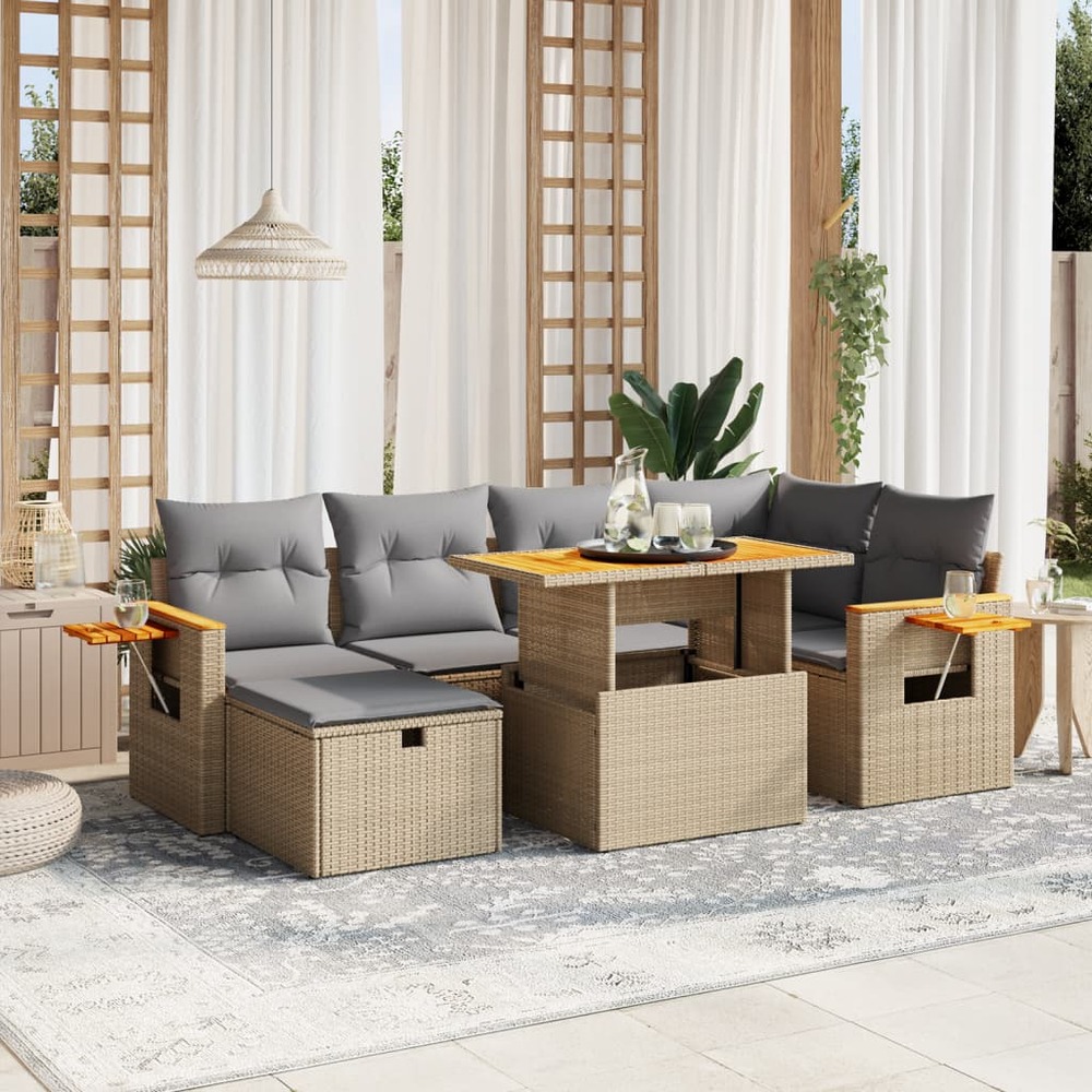 Salon de jardin avec coussins 7 pcs beige résine tressée