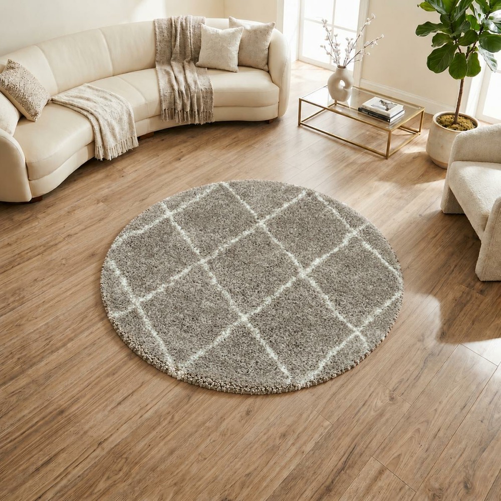 Tapis rond berbère rond ø120cm tissé motif losange shaggy a beige