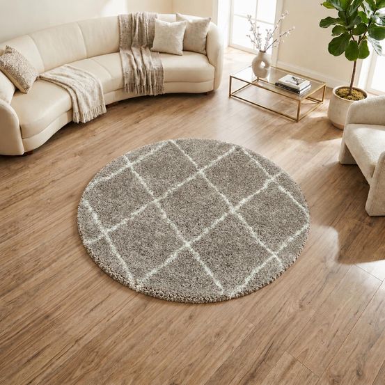Tapis rond berbère rond ø120cm tissé motif losange shaggy a beige